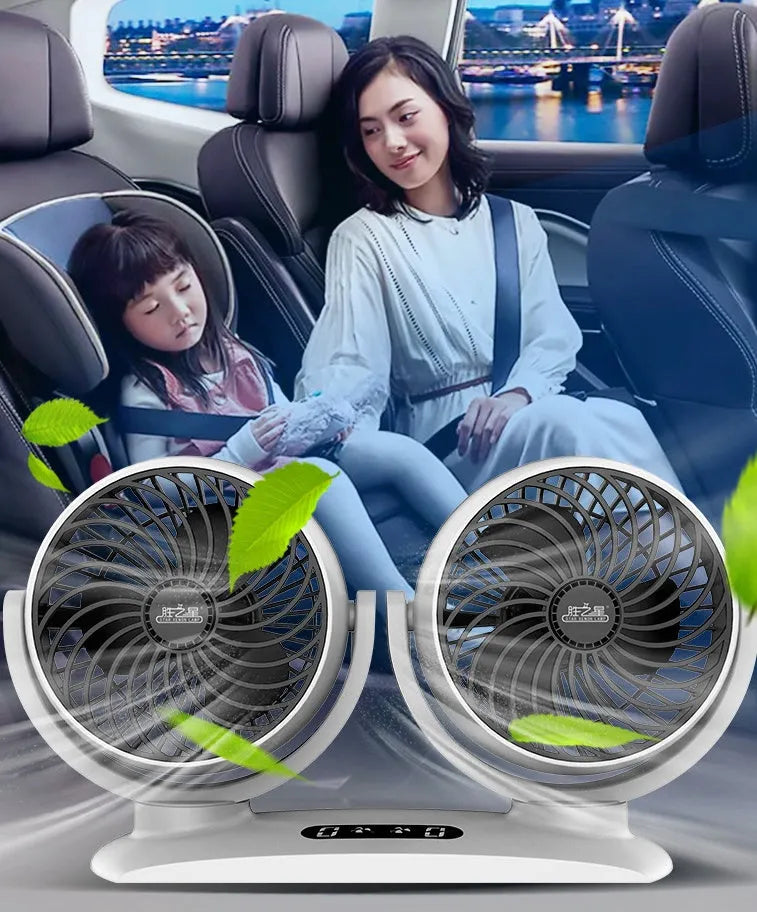 Dual-head car USB fan 12V 24V 25W with ABS plastic housing and cigarette lighter or USB option