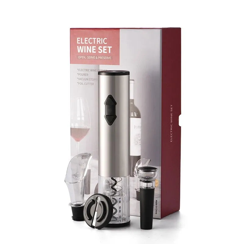 Automatic electric wine opener with black ABS shell and foil cutter set on a table alongside a wine bottle
