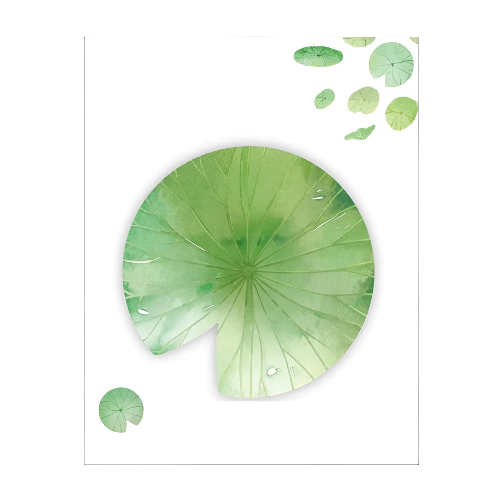 Set of eight leaf-shaped sticky notes with botanical designs including water lily, ginkgo, and maple leaf patterns