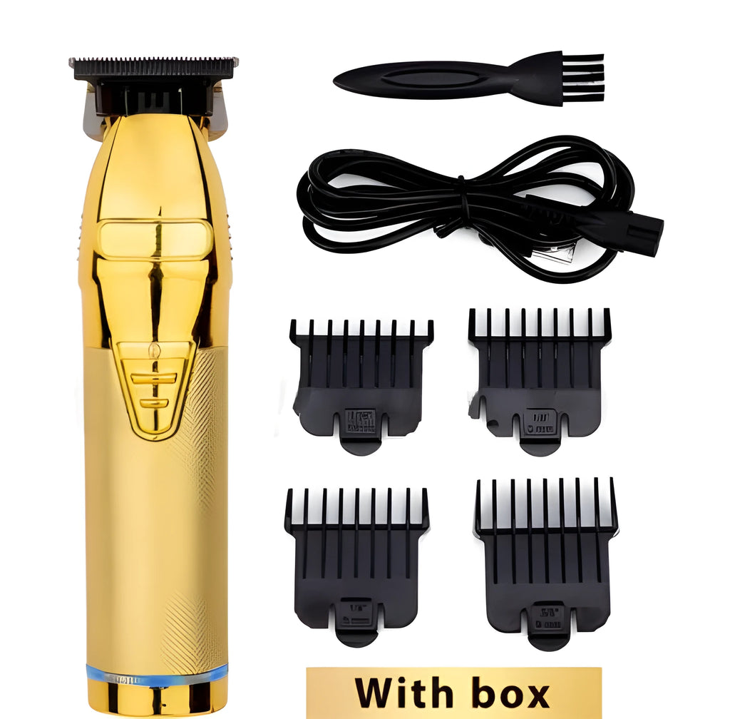 Gold rechargeable hair clipper with nano ceramic cutting head and sliding comb
