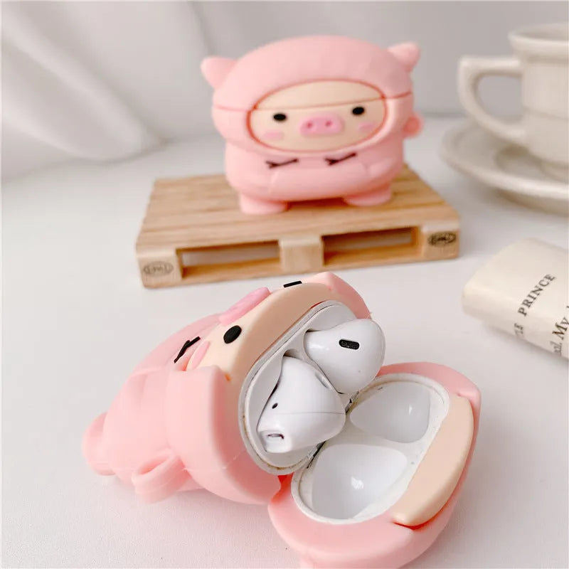 Pink cartoon pig silicone case for AirPods with flip opening and metal hook