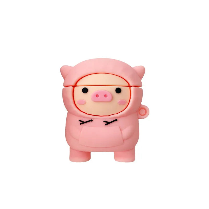 Pink cartoon pig silicone case for AirPods with flip opening and metal hook