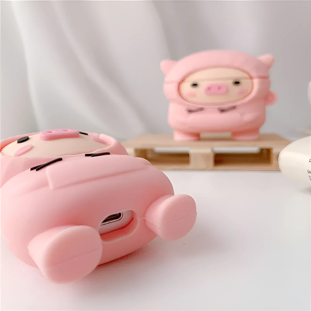 Pink cartoon pig silicone case for AirPods with flip opening and metal hook