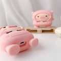 Pink cartoon pig silicone case for AirPods with flip opening and metal hook