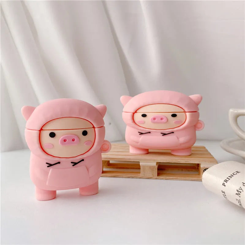 Pink cartoon pig silicone case for AirPods with flip opening and metal hook