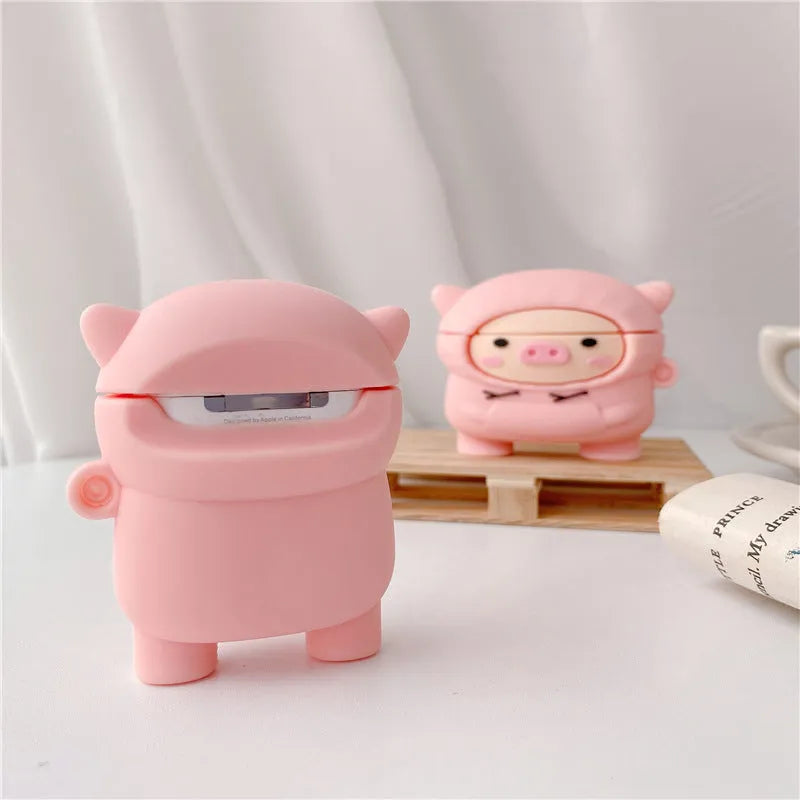 Pink cartoon pig silicone case for AirPods with flip opening and metal hook