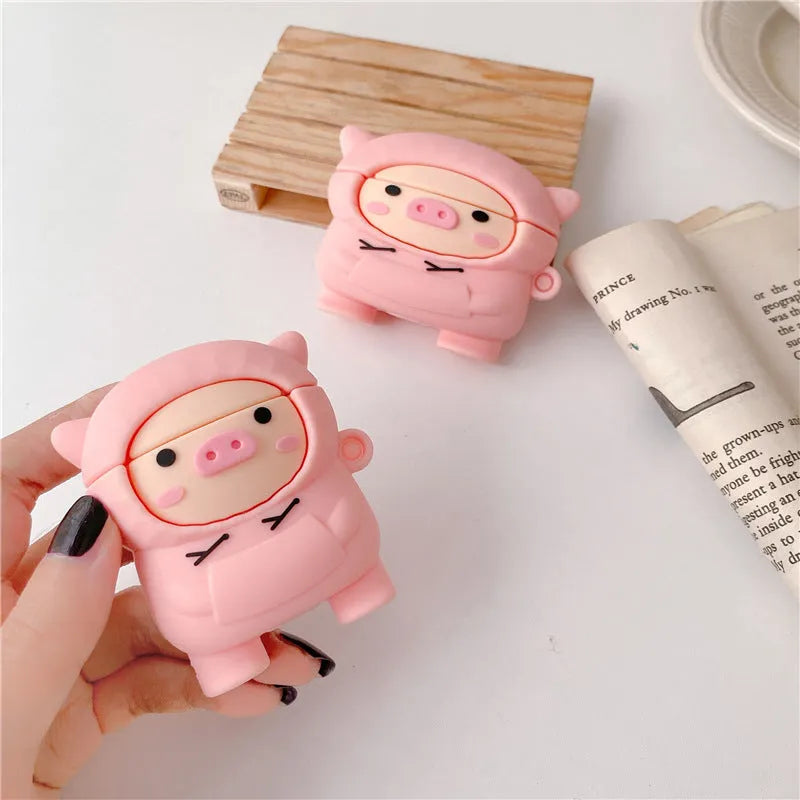 Pink cartoon pig silicone case for AirPods with flip opening and metal hook