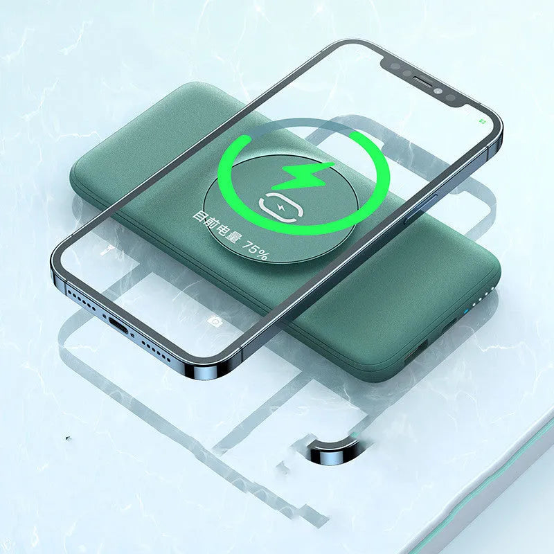 Mint green magnetic wireless power bank with back clip, shown next to a compatible iPhone.