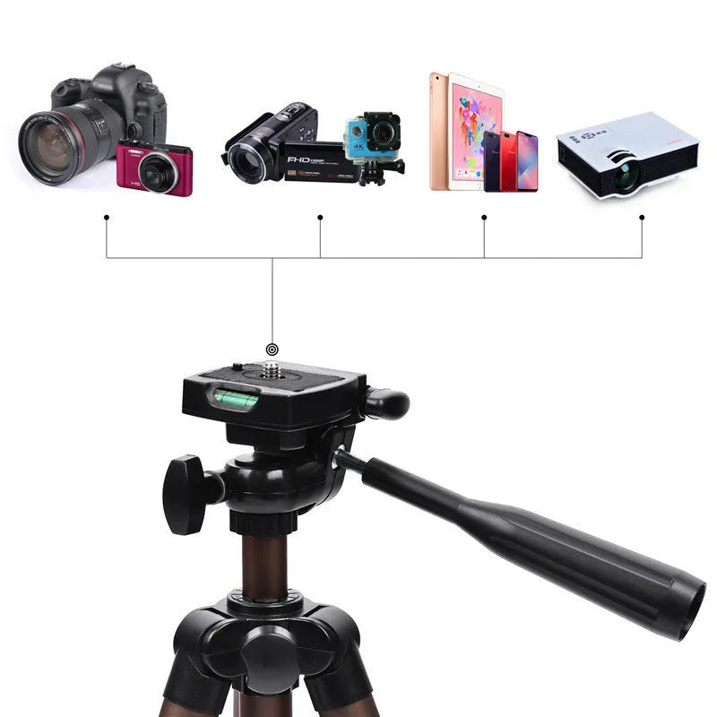 Aluminium alloy SLR camera tripod extended to 1.3m with hydraulic PTZ head, mobile phone holder, and Bluetooth remote.