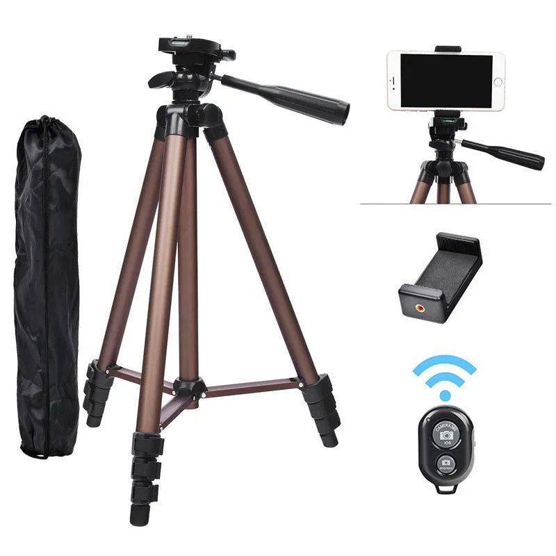 Aluminium alloy SLR camera tripod extended to 1.3m with hydraulic PTZ head, mobile phone holder, and Bluetooth remote.