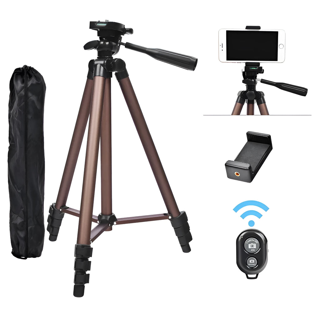 Aluminium alloy SLR camera tripod extended to 1.3m with hydraulic PTZ head, mobile phone holder, and Bluetooth remote.