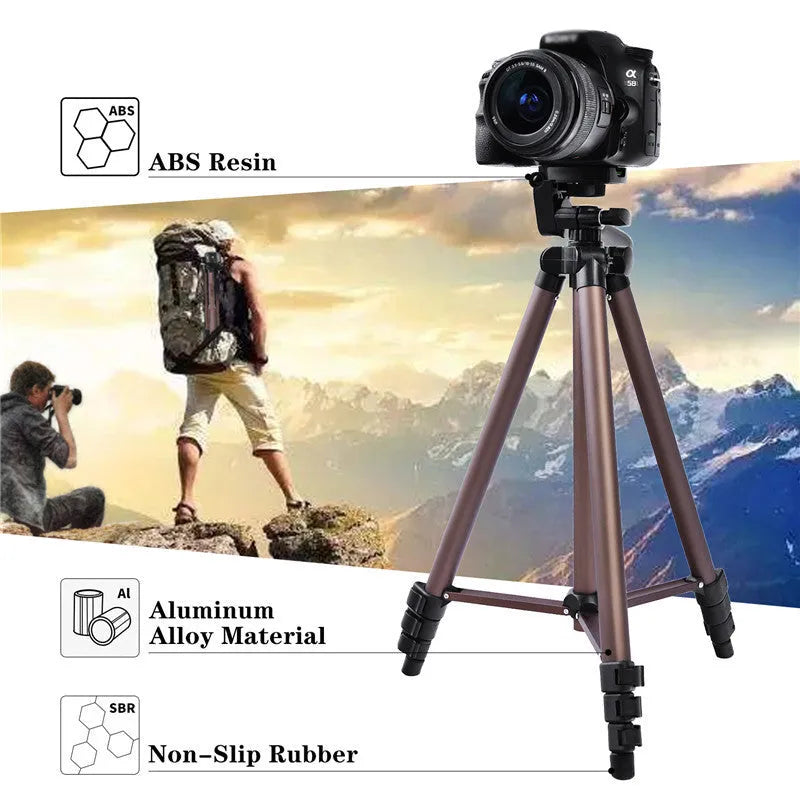 Aluminium alloy SLR camera tripod extended to 1.3m with hydraulic PTZ head, mobile phone holder, and Bluetooth remote.