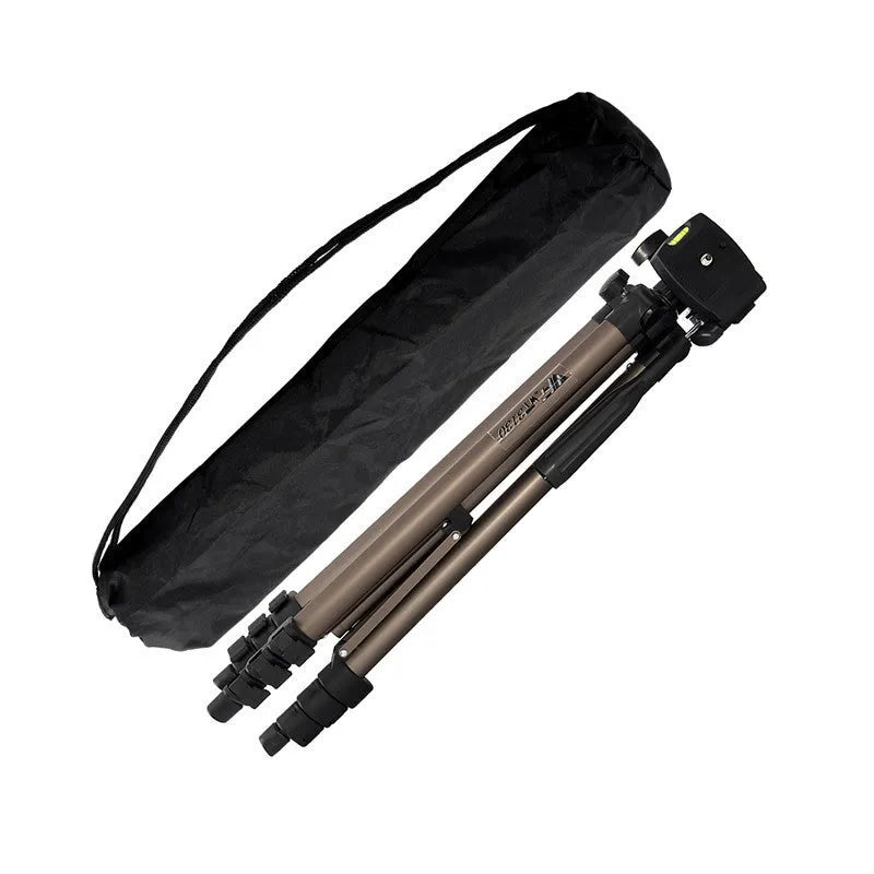 Aluminium alloy SLR camera tripod extended to 1.3m with hydraulic PTZ head, mobile phone holder, and Bluetooth remote.