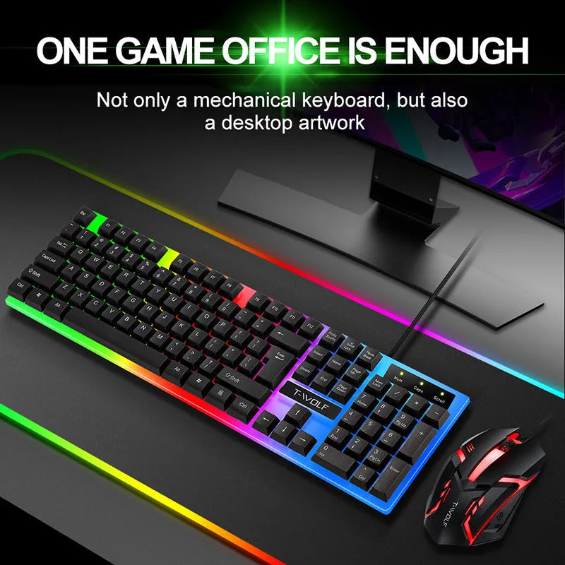 Wired rainbow backlit USB gaming keyboard with ergonomic support and mouse set in black on a desk