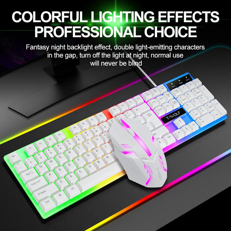 Wired rainbow backlit USB gaming keyboard with ergonomic support and mouse set in black on a desk