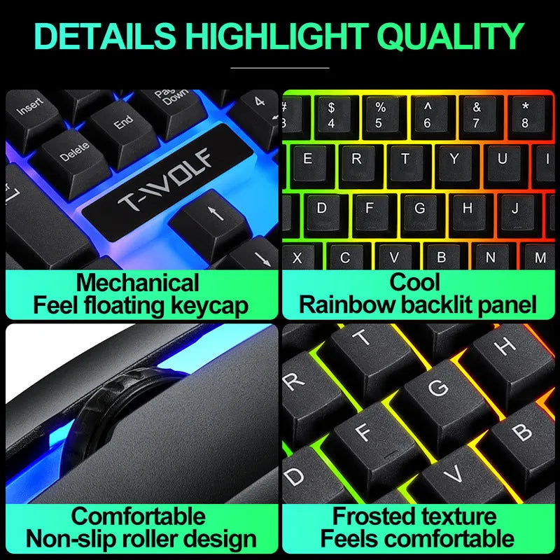 Wired rainbow backlit USB gaming keyboard with ergonomic support and mouse set in black on a desk