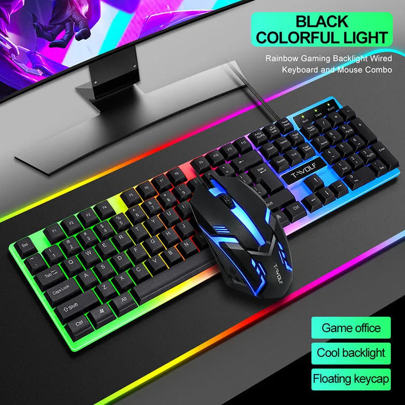 Wired rainbow backlit USB gaming keyboard with ergonomic support and mouse set in black on a desk