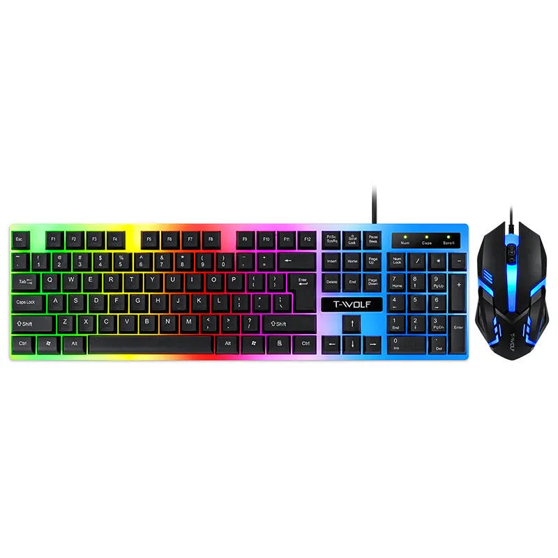 Wired rainbow backlit USB gaming keyboard with ergonomic support and mouse set in black on a desk