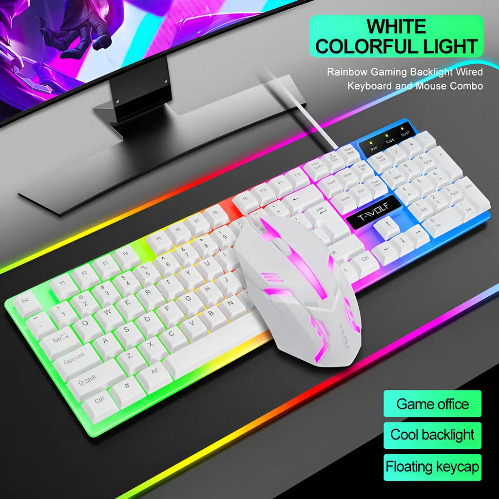 Wired rainbow backlit USB gaming keyboard with ergonomic support and mouse set in black on a desk