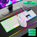 Wired rainbow backlit USB gaming keyboard with ergonomic support and mouse set in black on a desk