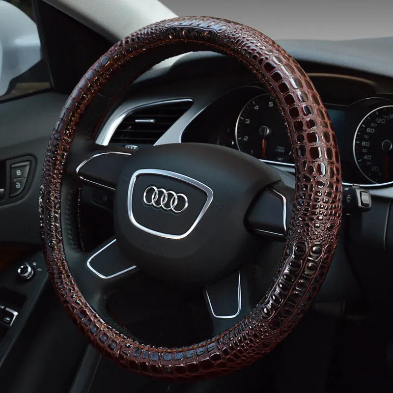 Black leather steering wheel cover for 38cm diameter wheels, suitable for GM models