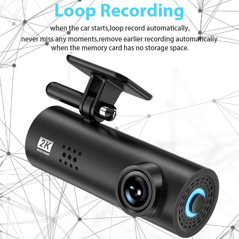 LF9 WiFi car dashboard camera with wide angle lens on a windscreen.