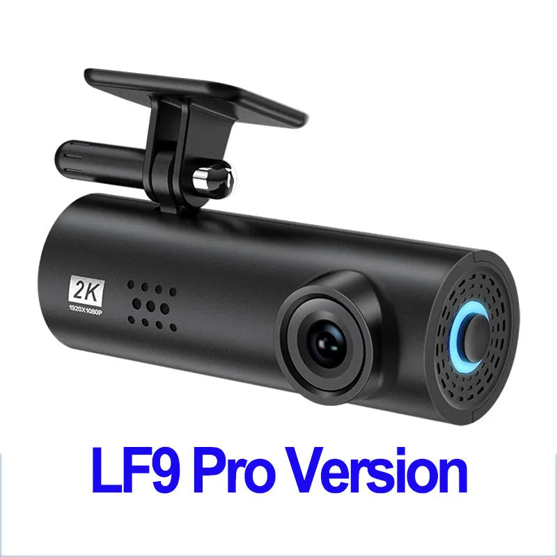 LF9 WiFi car dashboard camera with wide angle lens on a windscreen.