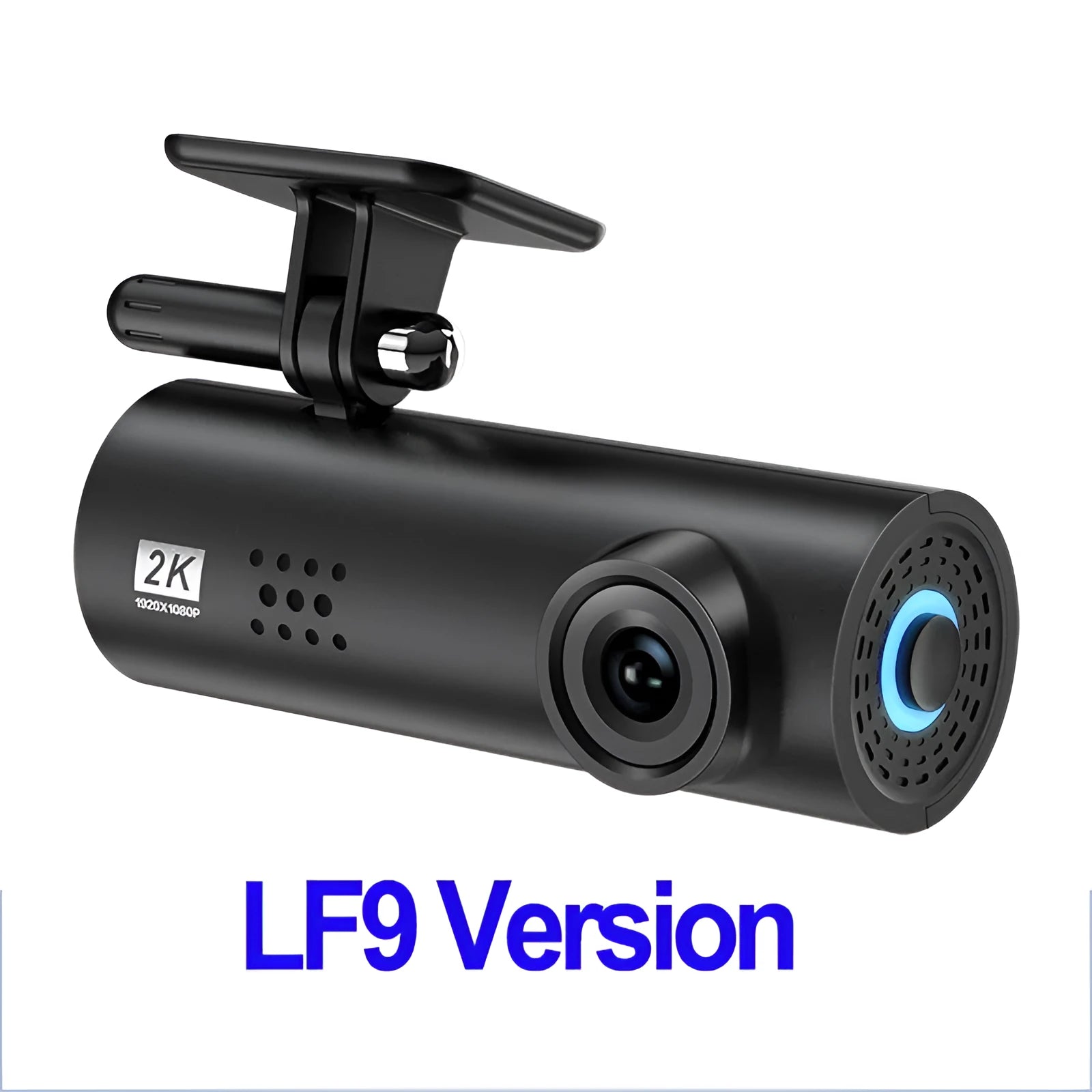 LF9 WiFi car dashboard camera with wide angle lens on a windscreen.