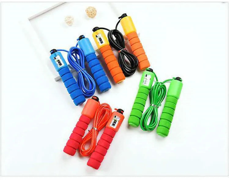 Adult counting skipping rope with sponge handles and multi-colour plastic rope