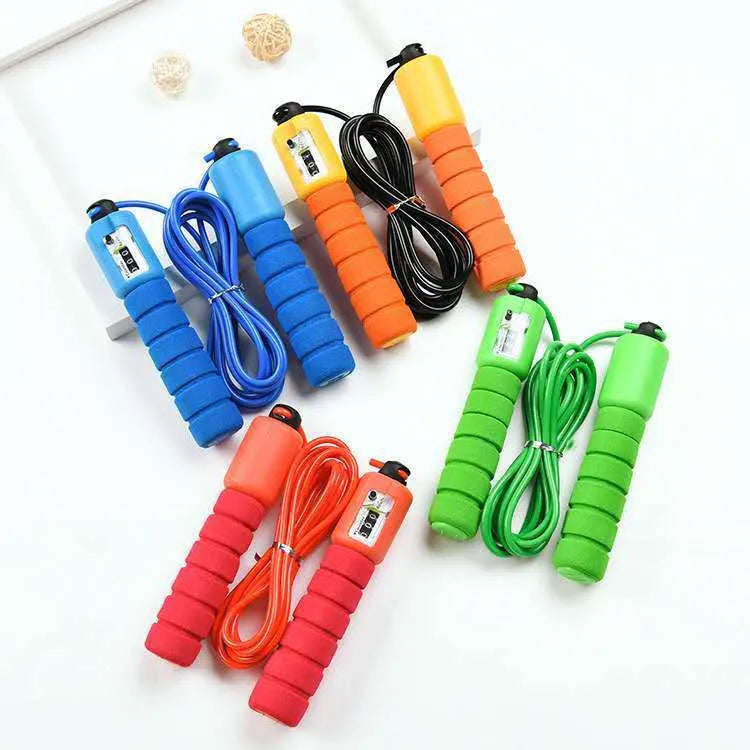 Adult counting skipping rope with sponge handles and multi-colour plastic rope