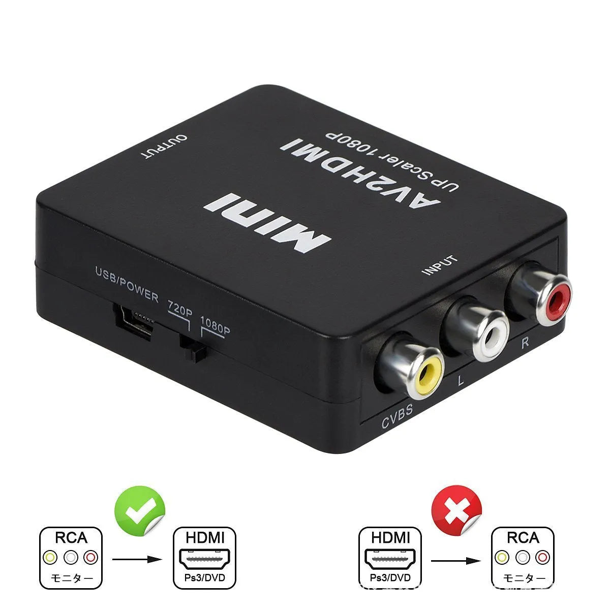 AV to HDMI converter with 0.5 metre cable in white or black colour options
