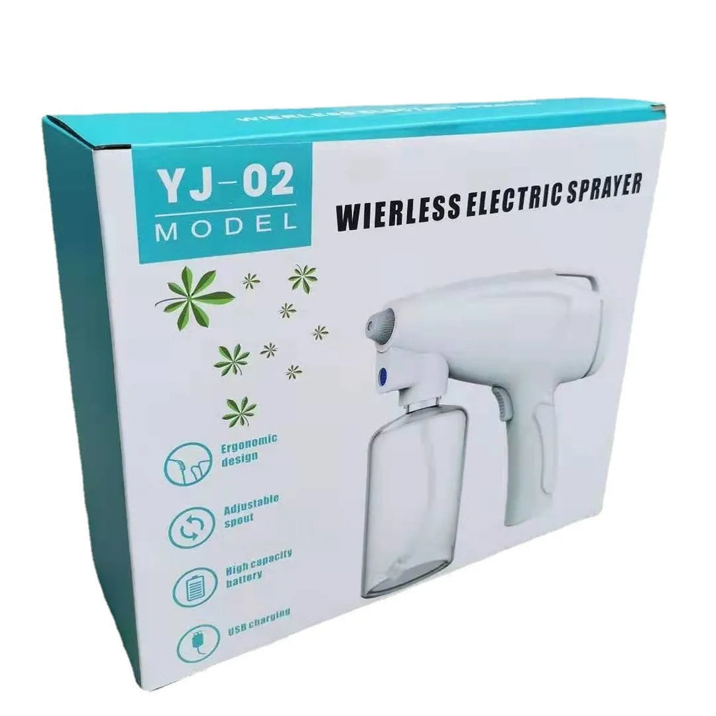 White handheld cordless electric spray gun with USB-C charging port on a plain background.
