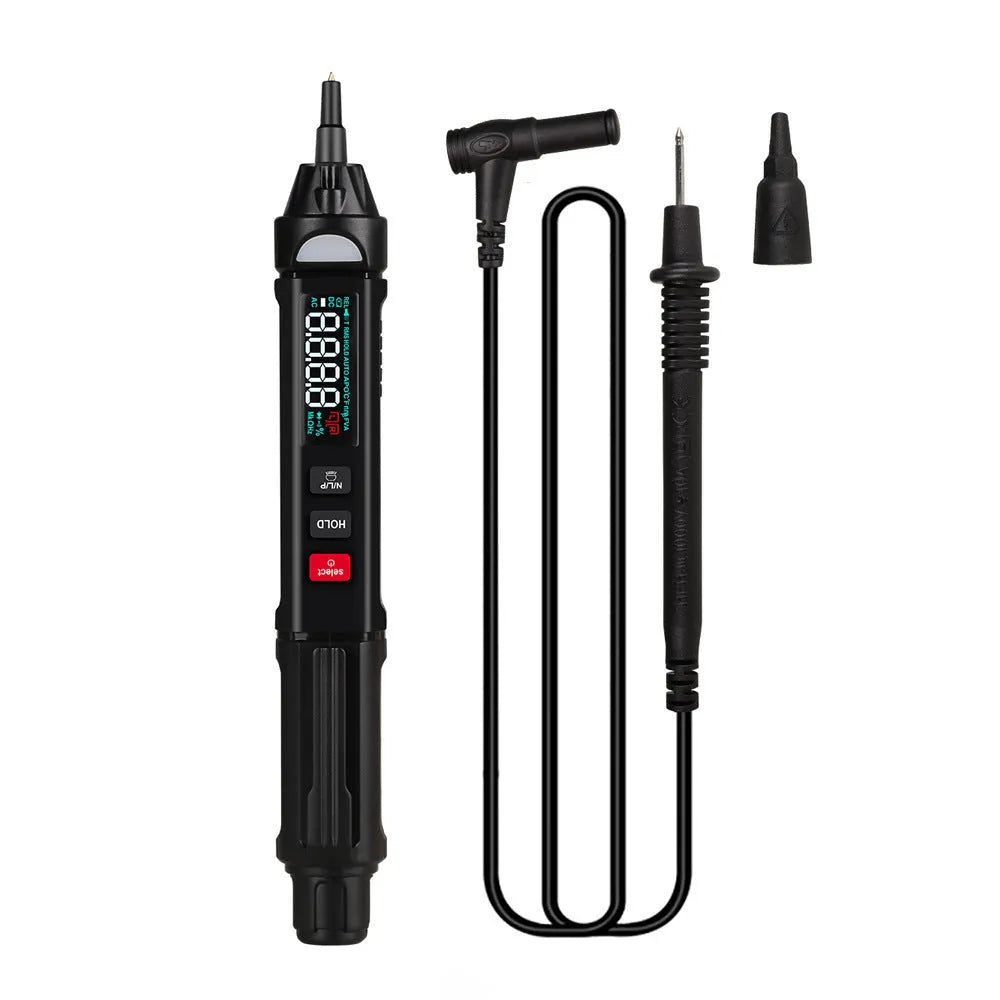 ET8906 ET8908 handheld digital multimeter with test leads on a workbench.