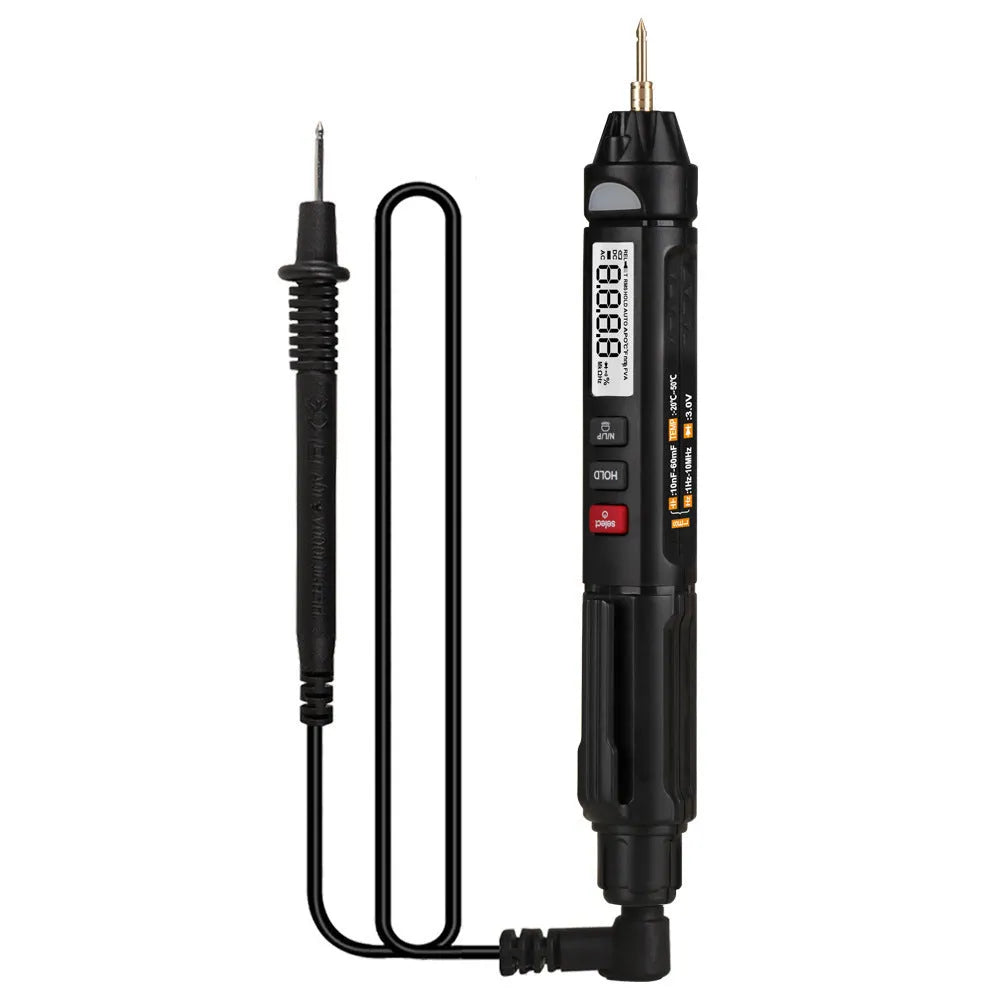 ET8906 ET8908 handheld digital multimeter with test leads on a workbench.