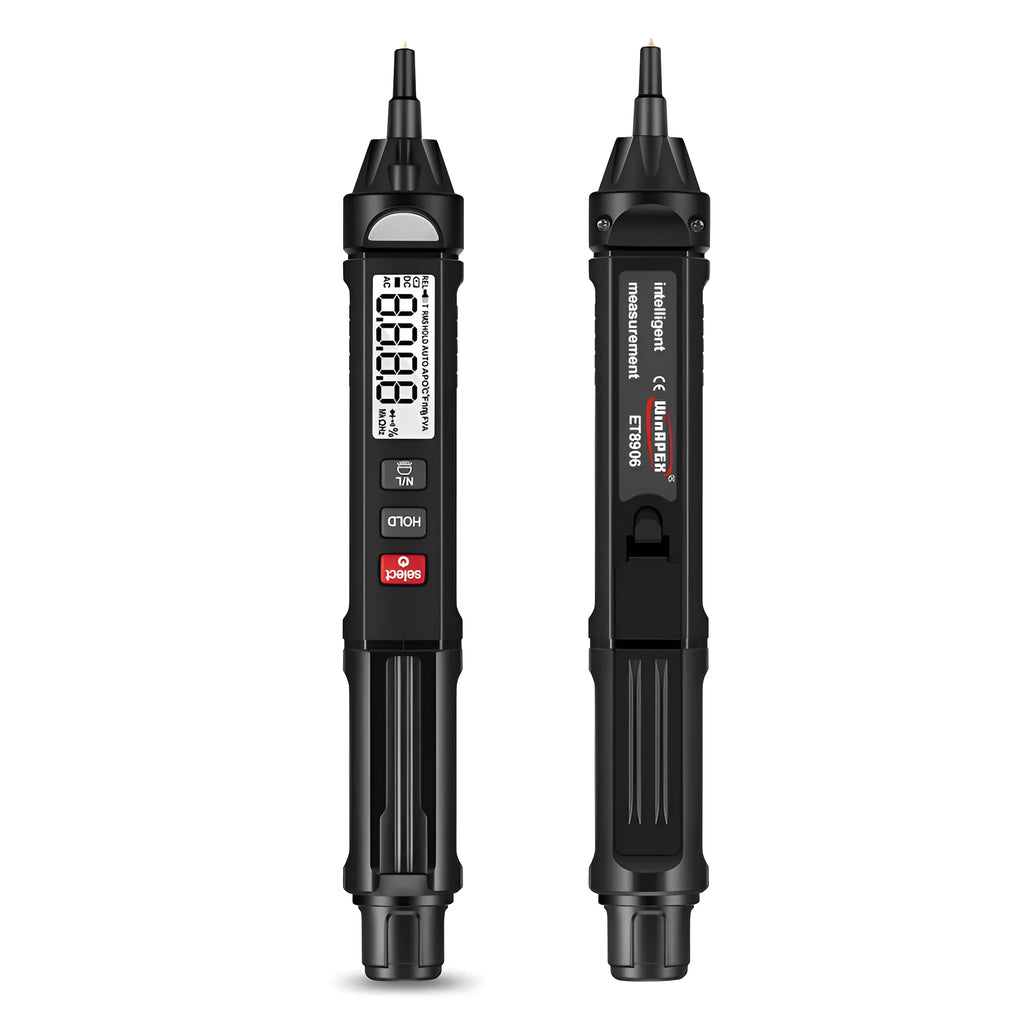 ET8906 ET8908 handheld digital multimeter with test leads on a workbench.