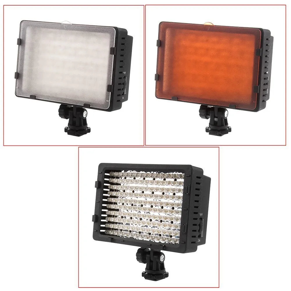 Portable LED photography fill light with ABS plastic body, 141x62x150mm, on a table showing 5600K daylight illumination