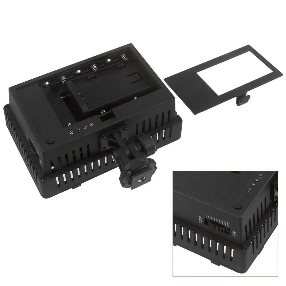Portable LED photography fill light with ABS plastic body, 141x62x150mm, on a table showing 5600K daylight illumination