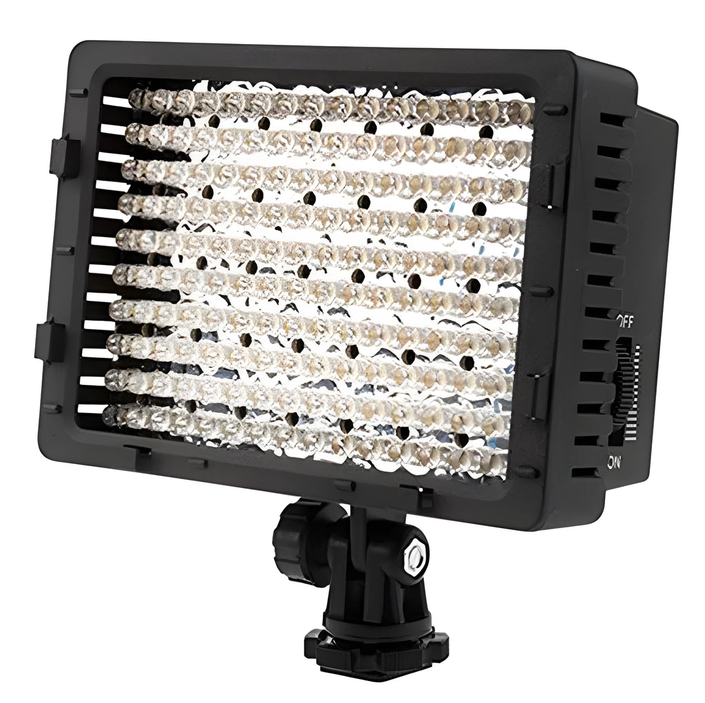 Portable LED photography fill light with ABS plastic body, 141x62x150mm, on a table showing 5600K daylight illumination