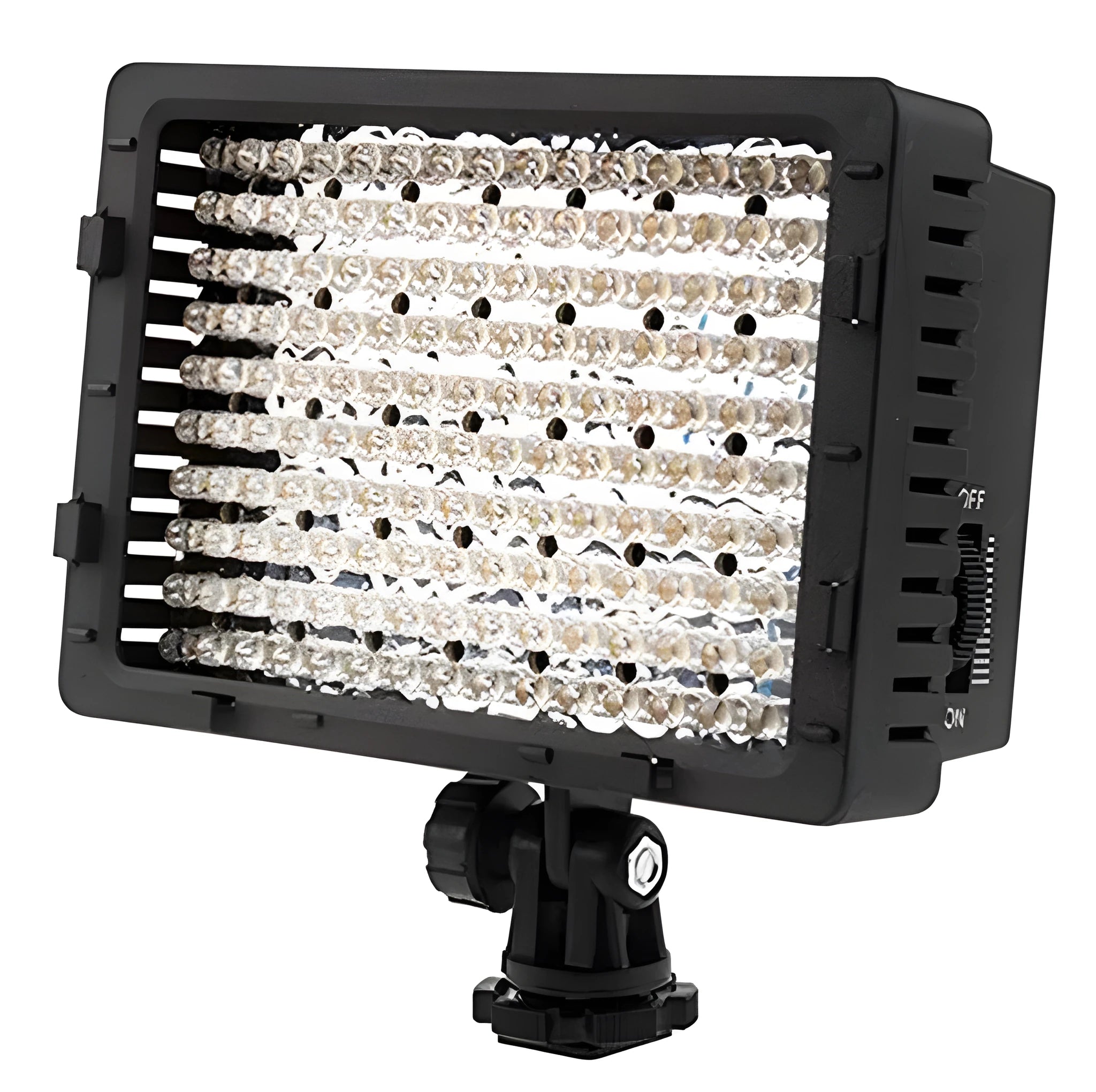 Portable LED photography fill light with ABS plastic body, 141x62x150mm, on a table showing 5600K daylight illumination