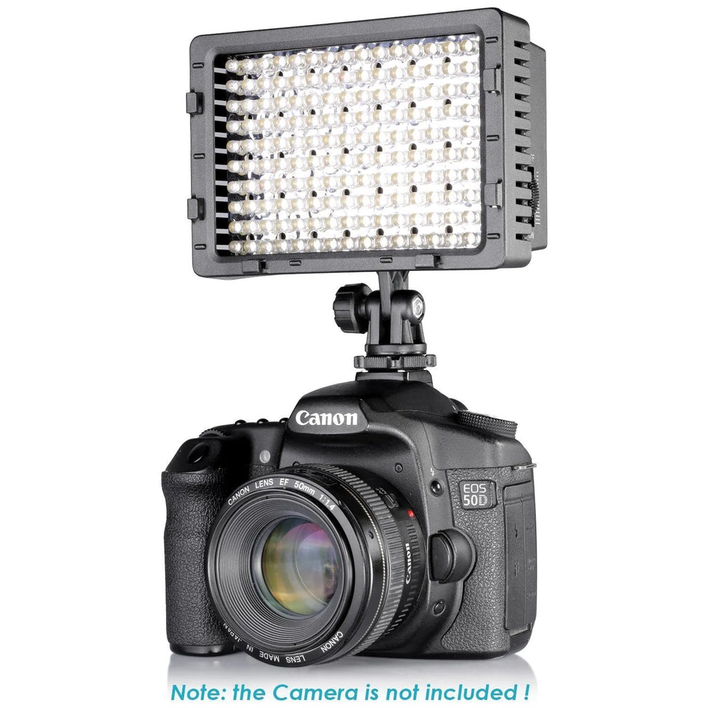Portable LED photography fill light with ABS plastic body, 141x62x150mm, on a table showing 5600K daylight illumination