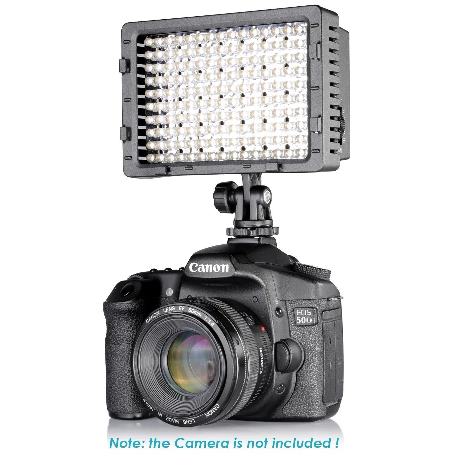 Portable LED photography fill light with ABS plastic body, 141x62x150mm, on a table showing 5600K daylight illumination