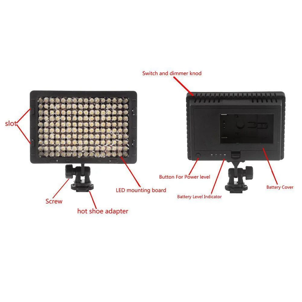 Portable LED photography fill light with ABS plastic body, 141x62x150mm, on a table showing 5600K daylight illumination