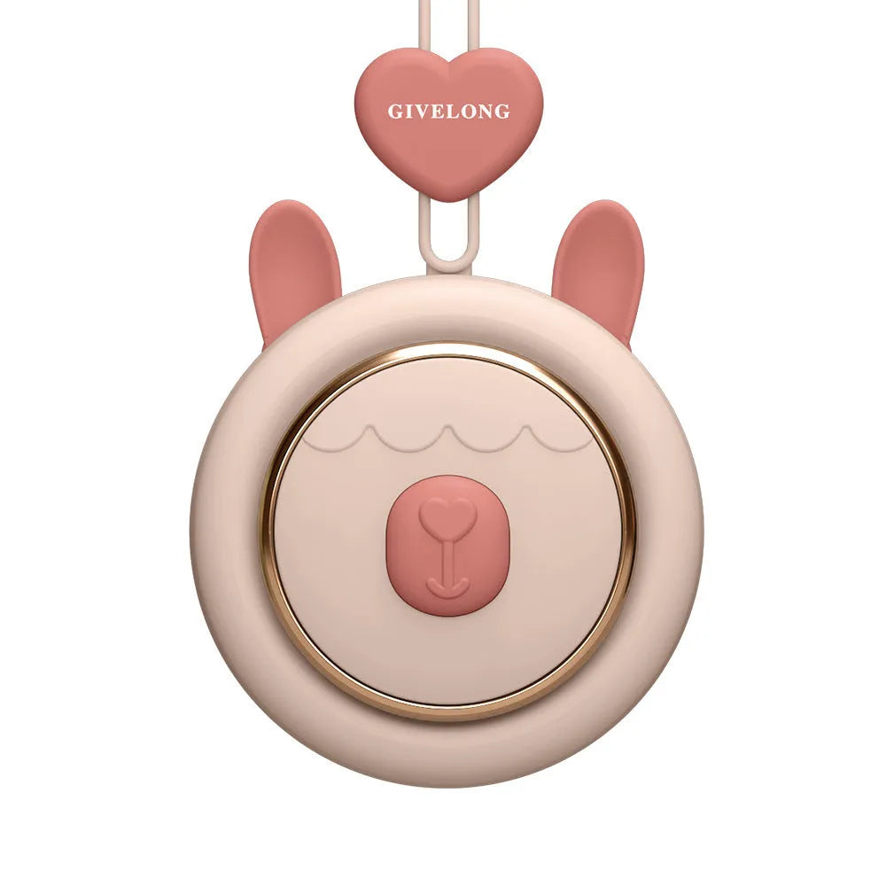 Mini bladeless neck band fan with hanging rope in a cute animal design colour.