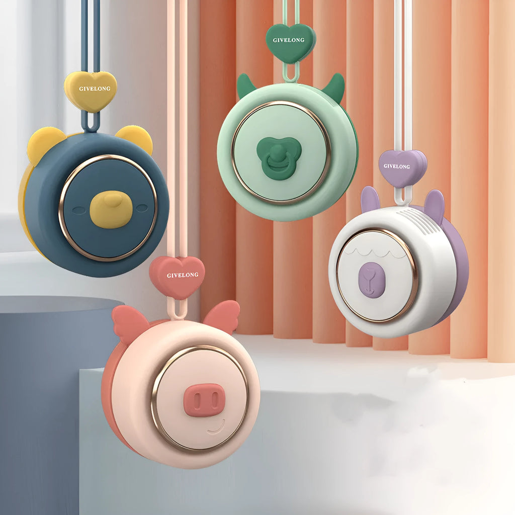 Mini bladeless neck band fan with hanging rope in a cute animal design colour.