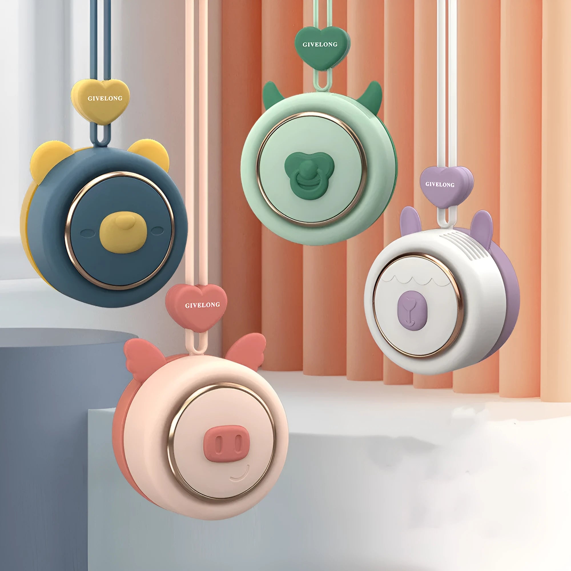 Mini bladeless neck band fan with hanging rope in a cute animal design colour.