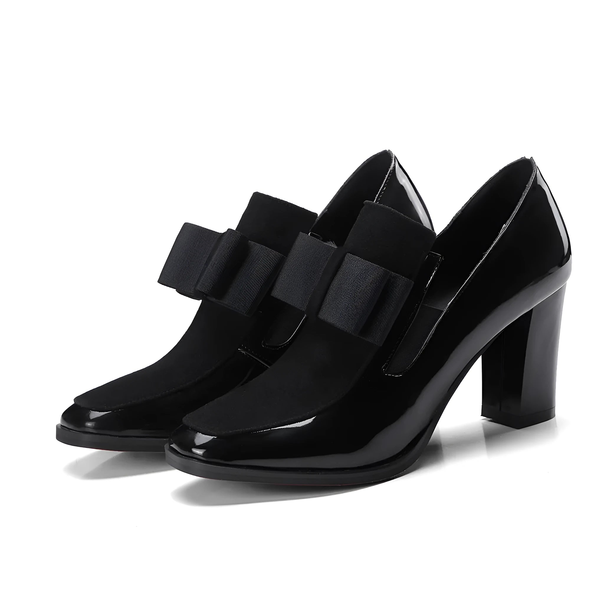 Women's black patent leather high heels with thick heel and square toe design in size range 34-43