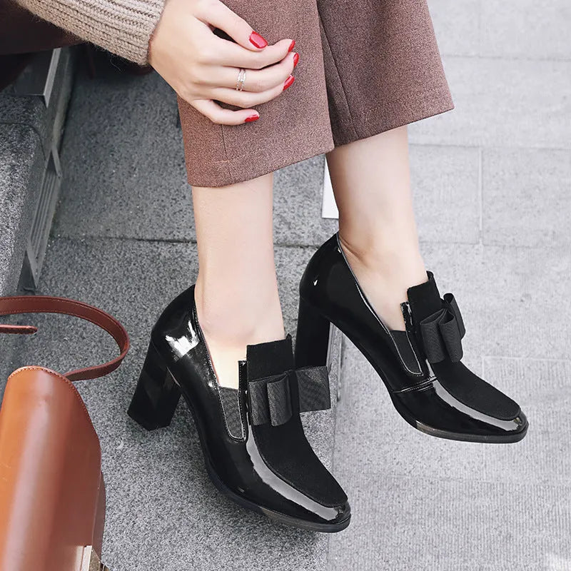 Women's black patent leather high heels with thick heel and square toe design in size range 34-43