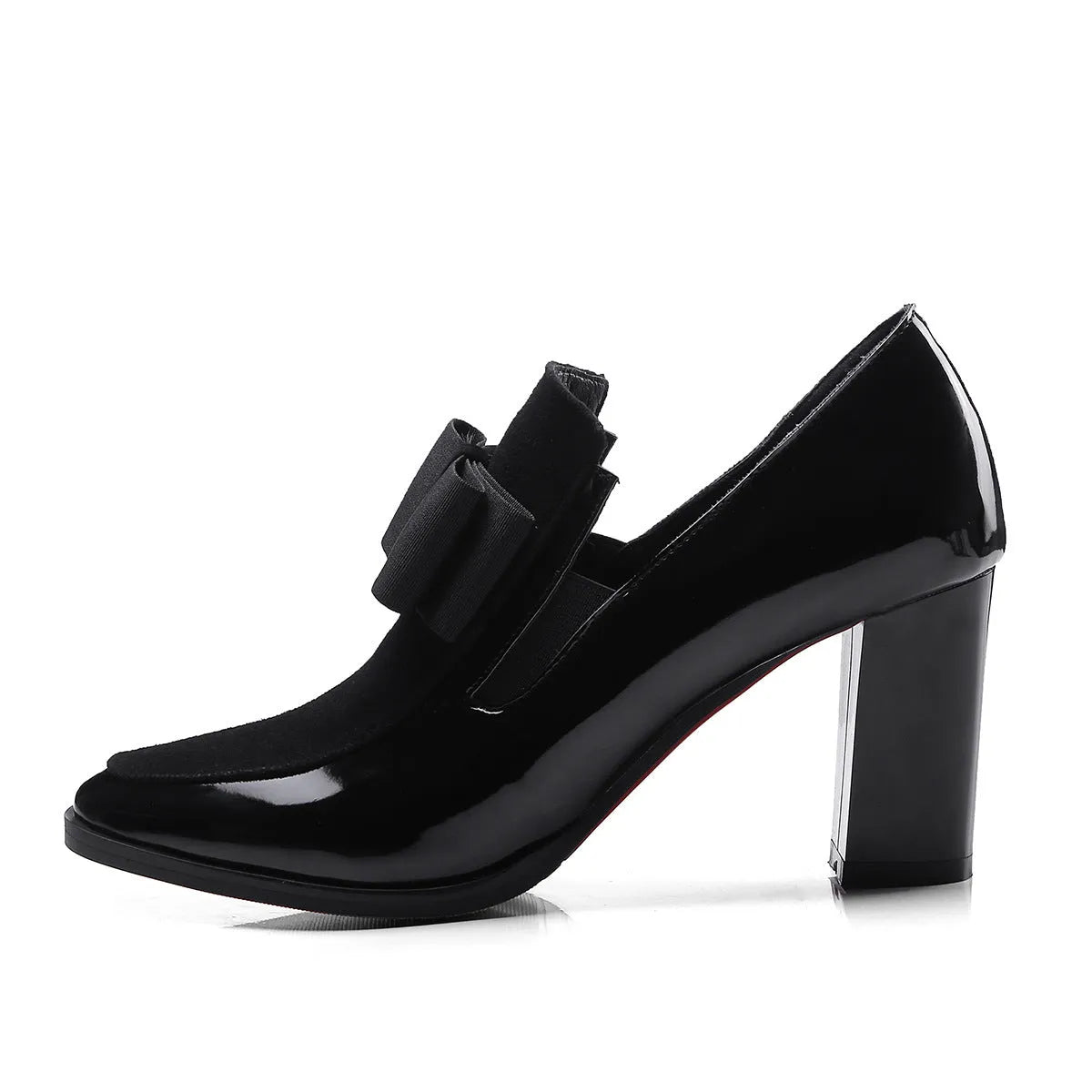 Women's black patent leather high heels with thick heel and square toe design in size range 34-43