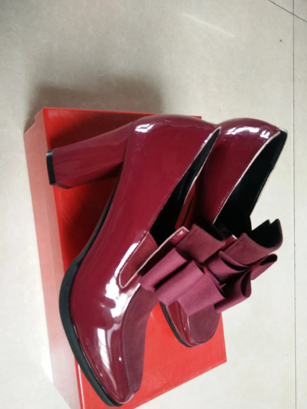 Women's black patent leather high heels with thick heel and square toe design in size range 34-43