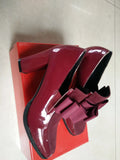 Women's black patent leather high heels with thick heel and square toe design in size range 34-43